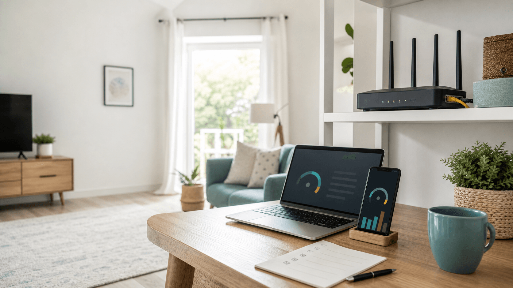 A home Wi-Fi setup with a router, laptop, and phone ready for simple diagnosis.
